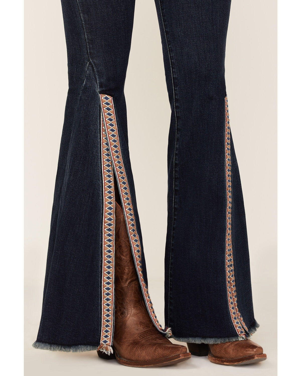 Image #2 - Saints & Hearts Women's Dark Wash High Rise Embroidered Slit Flare Jeans, Blue, hi-res