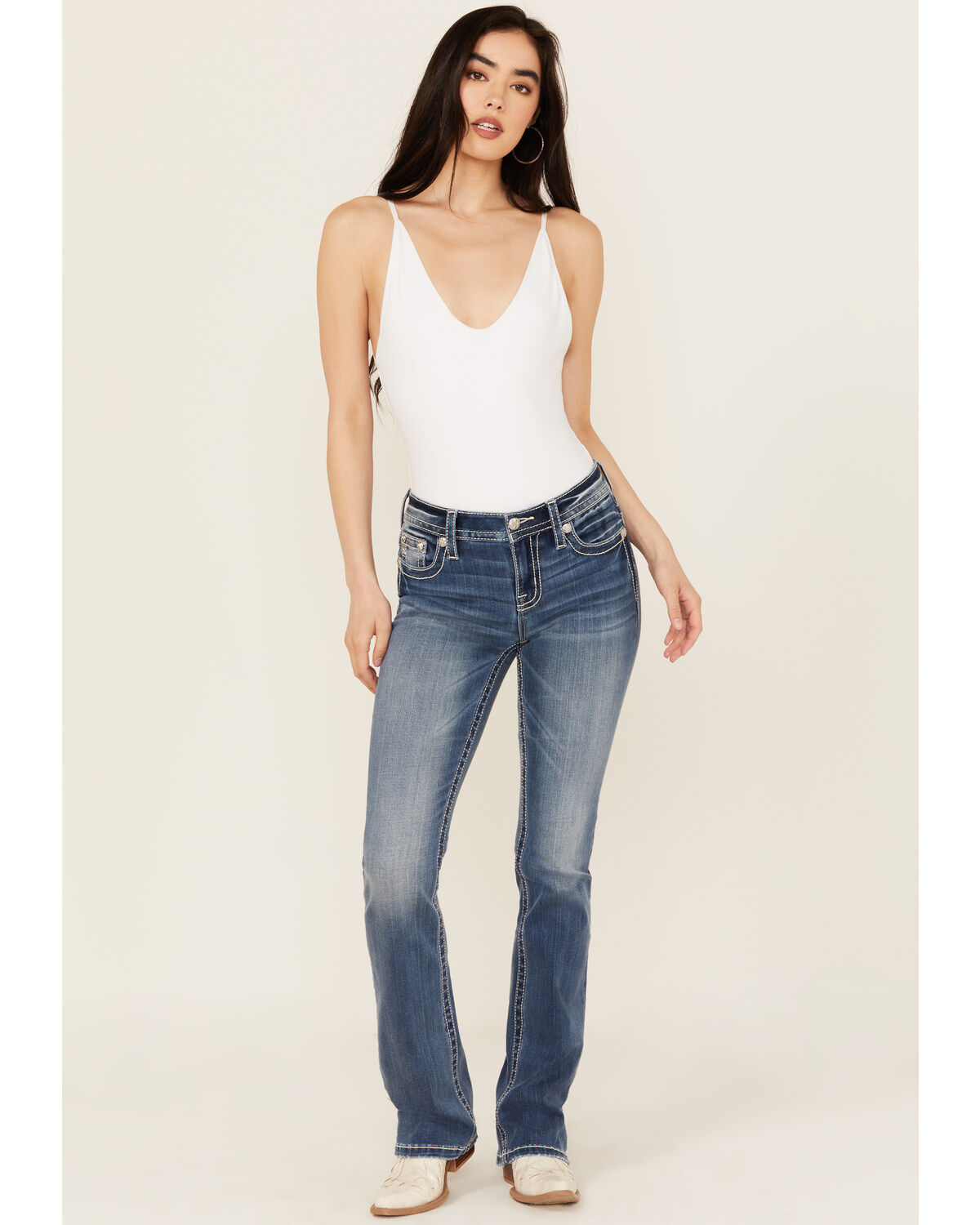 Image #3 - Miss Me Women's Medium Wash Mid Rise Wing Pocket 32" Bootcut Stretch Denim Jeans, , hi-res