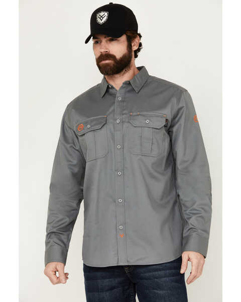 Hawx Men's FR Woven Long Sleeve Button-Down Work Shirt - Tall , Silver, hi-res