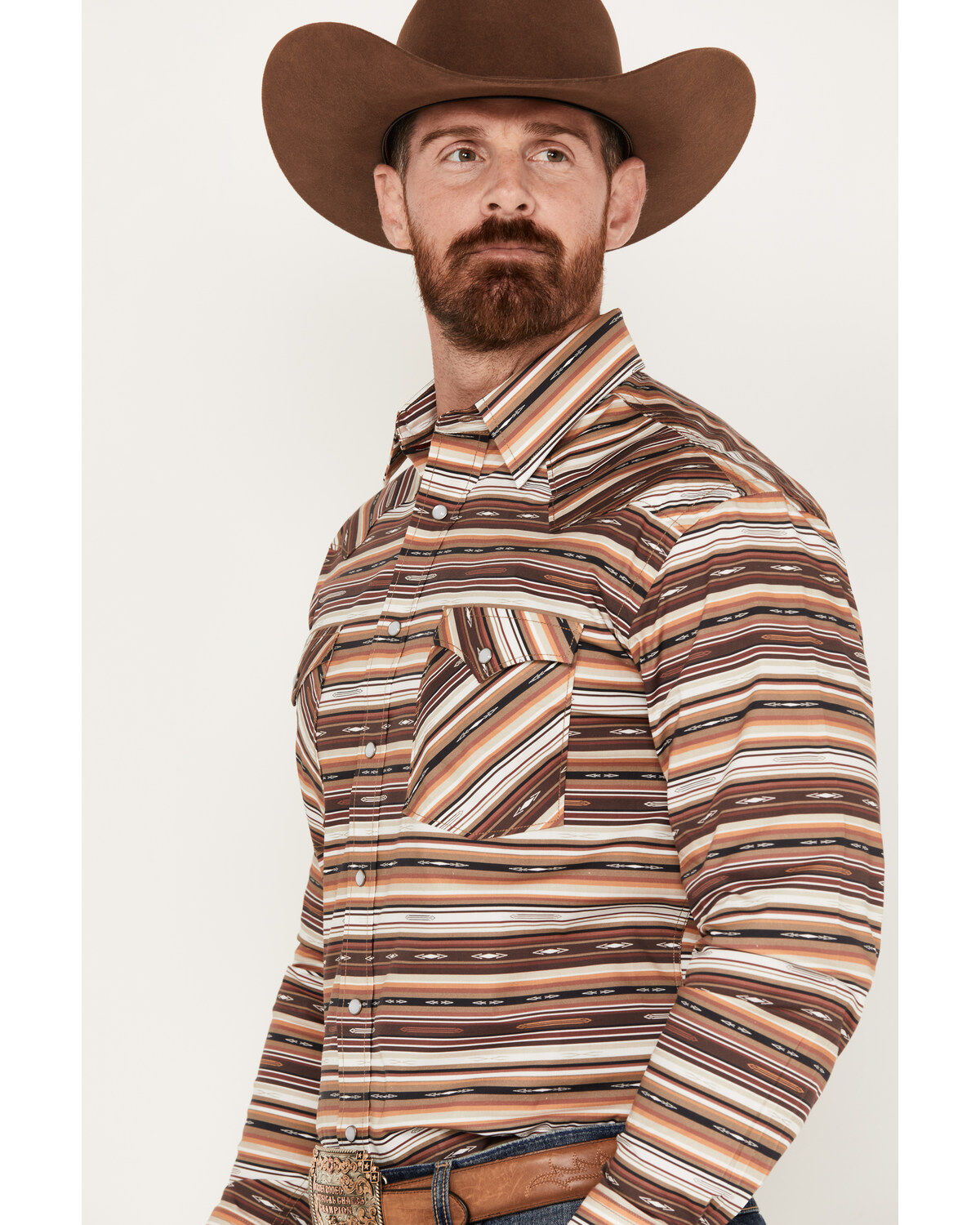 Image #2 - Rough Stock by Panhandle Men's Southwestern Striped Long Sleeve Western Pearl Snap Shirt, Brown, hi-res