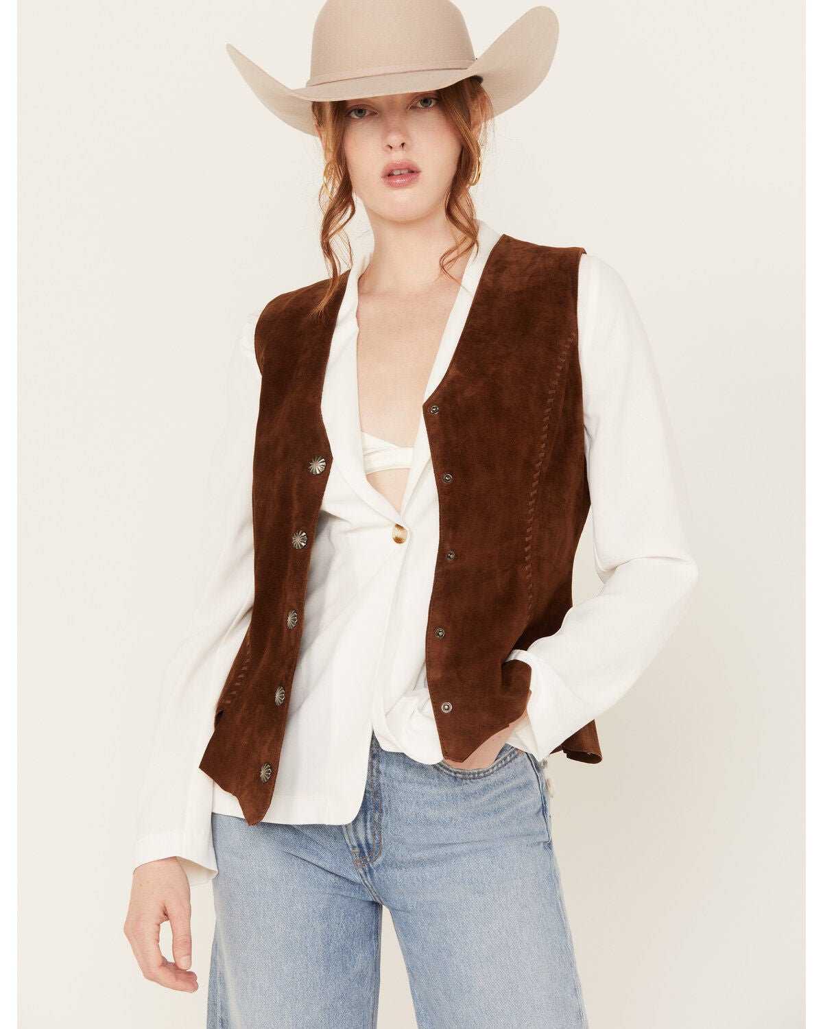 Scully Women's Suede Snap Front Vest, Brown, hi-res