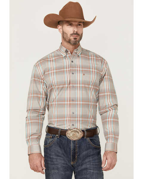 Stetson Men's Desert Large Dobby Plaid Long Sleeve Button-Down Western Shirt , Brown, hi-res