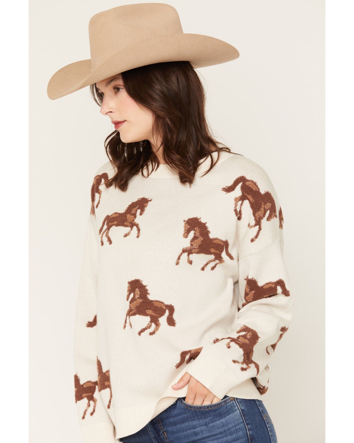Image #2 - Originality Women's Horse Knit Tunic Sweater, Cream, hi-res