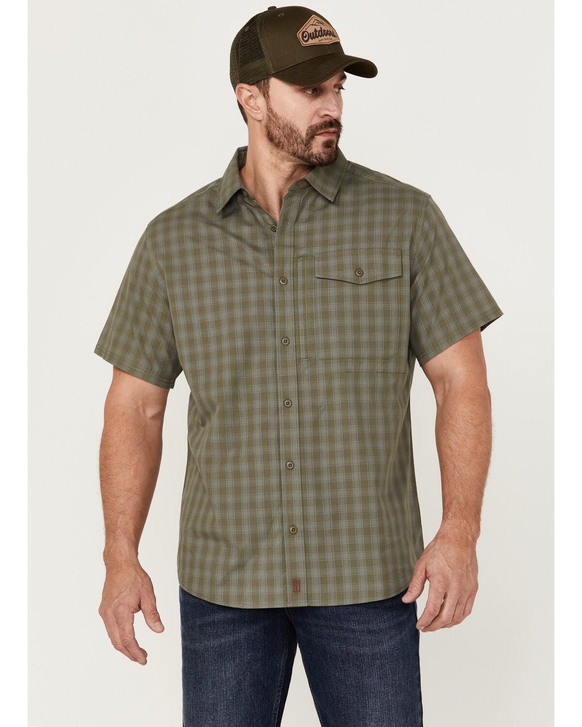 Brothers and Sons Men's Plaid Print Performance Short Sleeve Button Down Western Shirt, Sage, hi-res