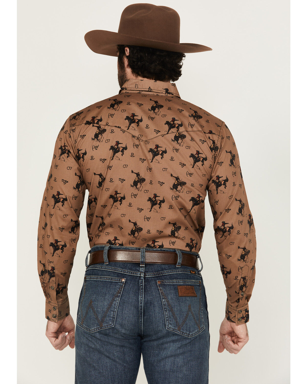 Image #4 - Cowboy Hardware Men's Bronc Conversation Print Long Sleeve Snap Western Shirt, Brown, hi-res