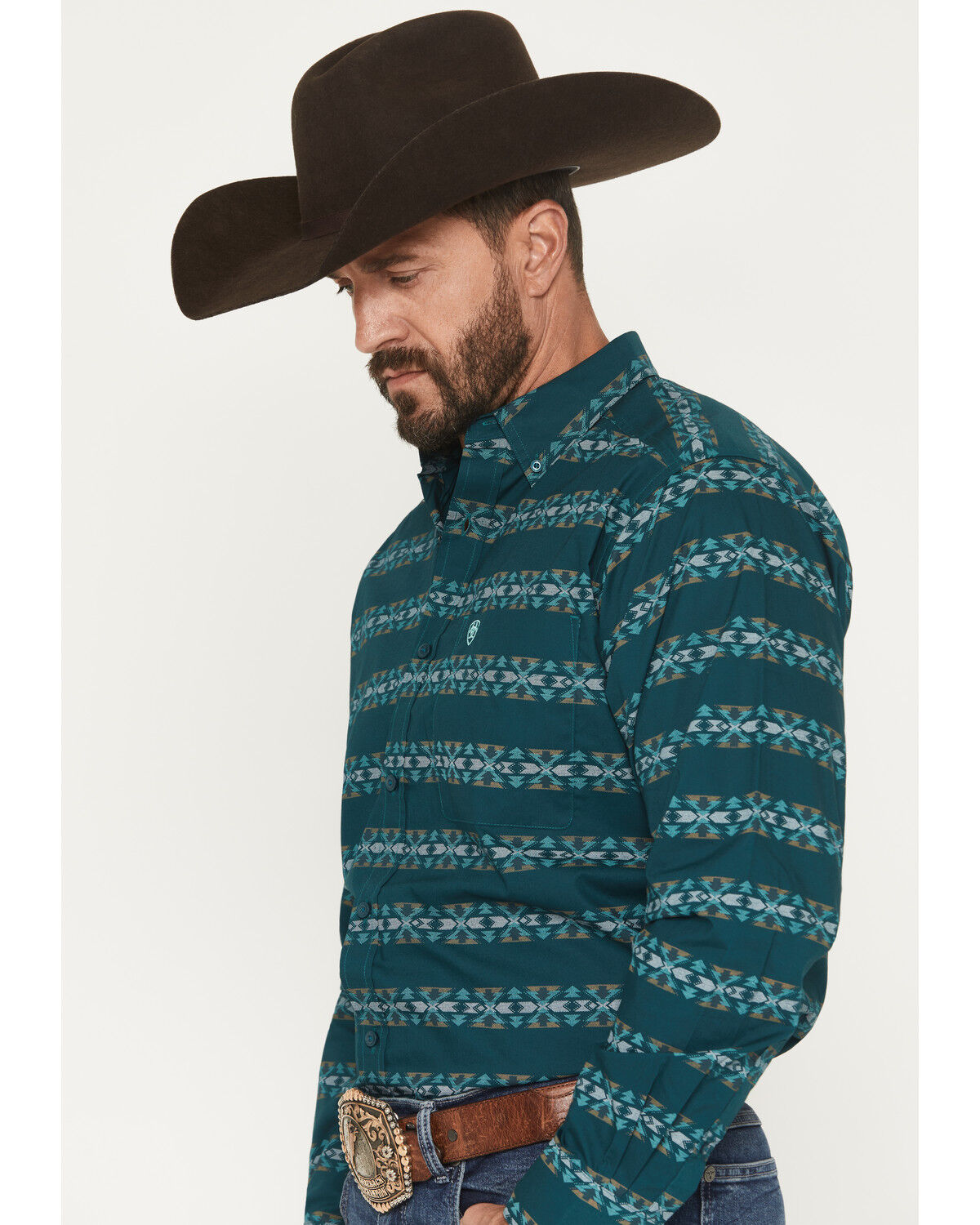 Image #2 - Ariat Men's Brando Southwestern Print Long Sleeve Button-Down Western Shirt, Teal, hi-res
