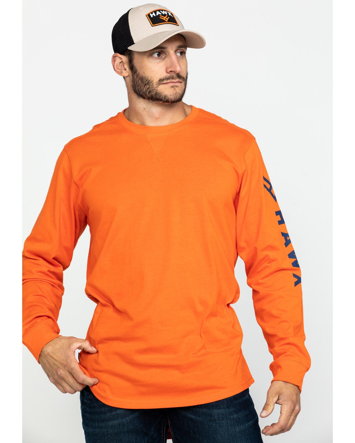 Hawx Men's Orange Logo Long Sleeve Work T-Shirt, Orange, hi-res
