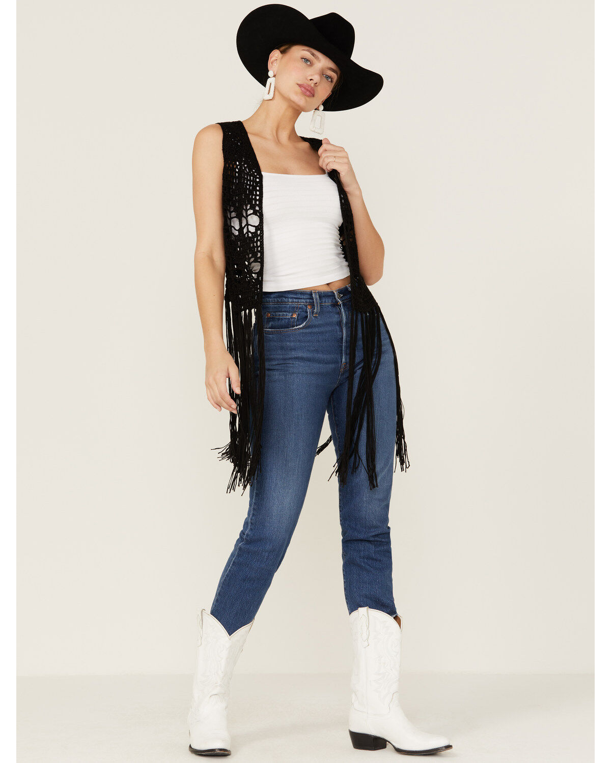 Image #4 - Rock & Roll Denim Women's Black Crochet Long Fringe Vest, , hi-res