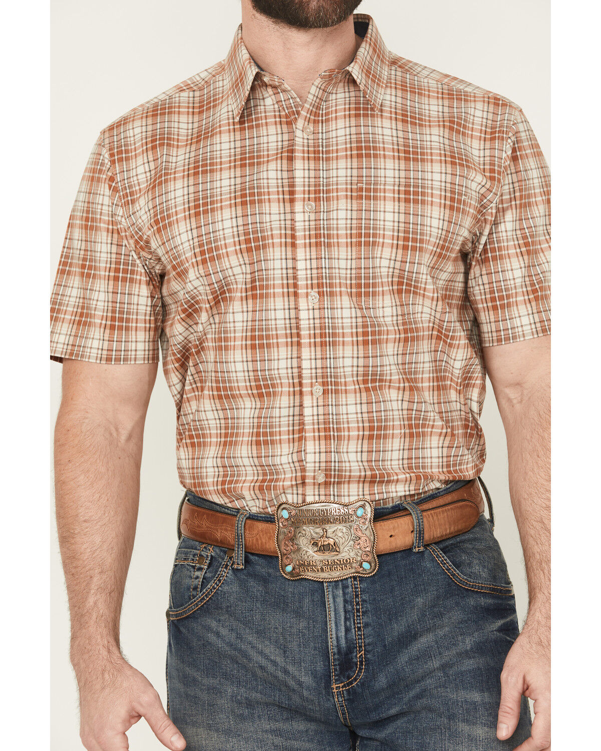 Image #3 - Cody James Men's Cowboy Chic Plaid Print Short Sleeve Button-Down Stretch Western Shirt, Cream, hi-res