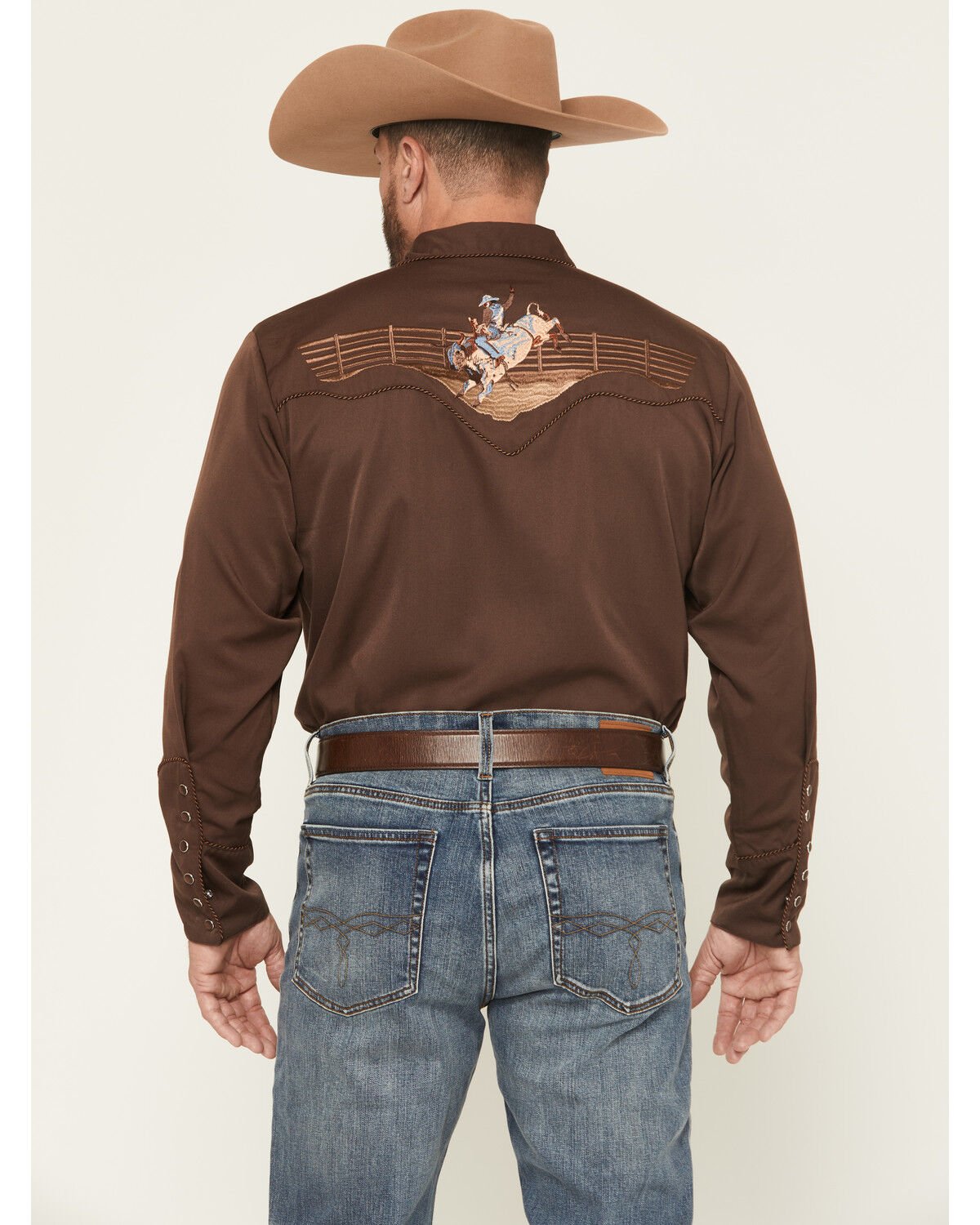 Image #4 - Scully Men's Cowboy Embroidered Long Sleeve Pearl Snap Western Shirt, Chocolate, hi-res