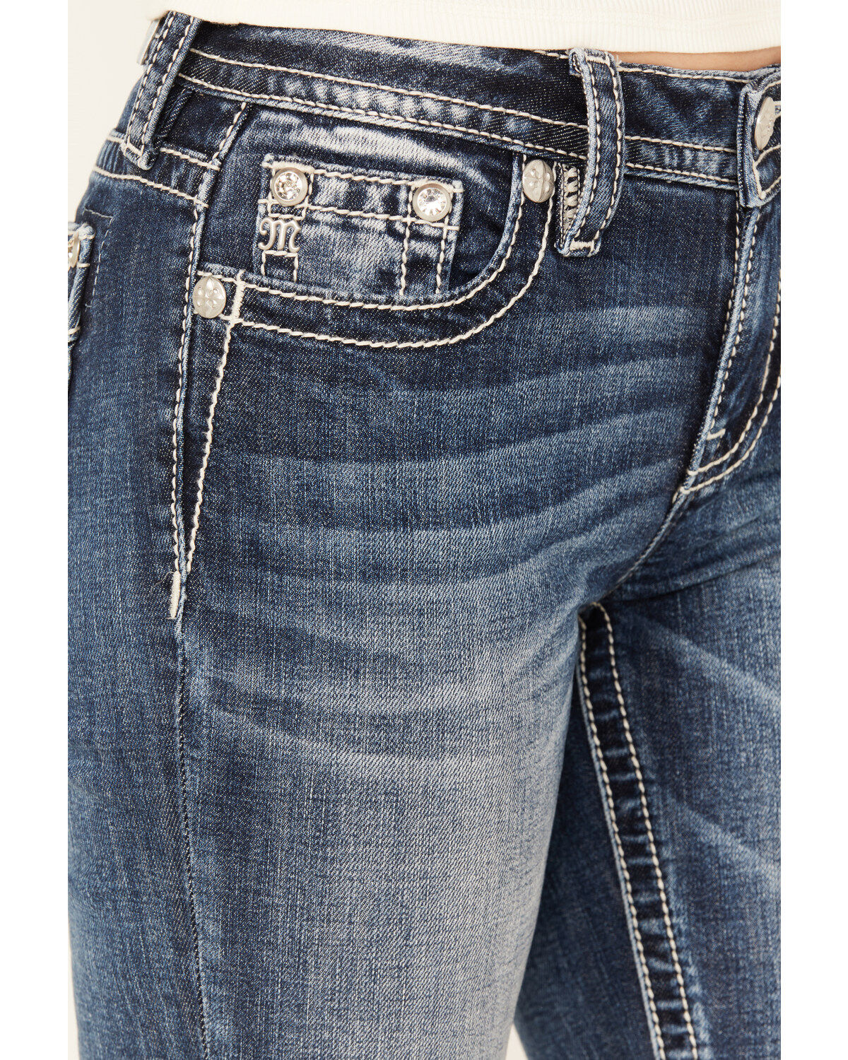 Image #4 - Miss Me Women's Dark Wash Mid Rise 34" Bootcut Stretch Denim Jeans, Dark Wash, hi-res