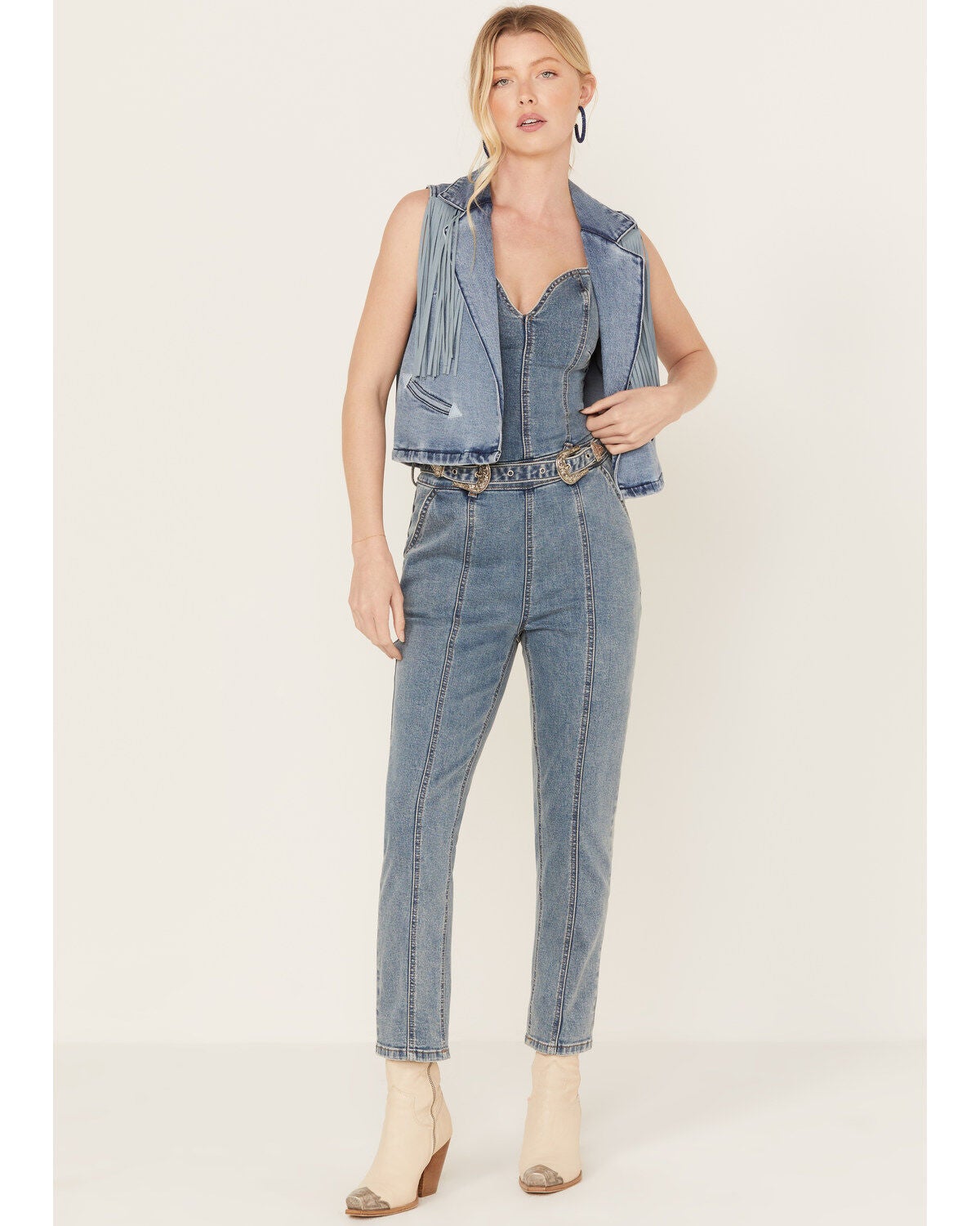 Rock & Roll Denim Women's Medium Wash Cropped Denim Fringe Vest, Blue, hi-res
