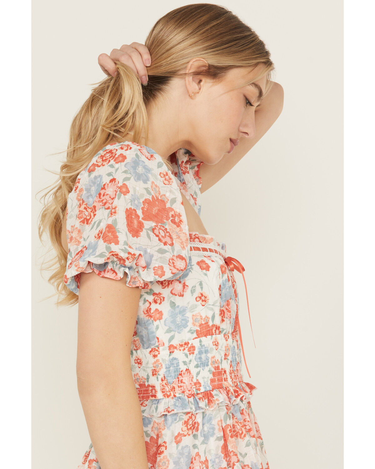 Product Name:  Ash & Violet Women's Floral Print Short Sleeve Lace Trim Mini Dress