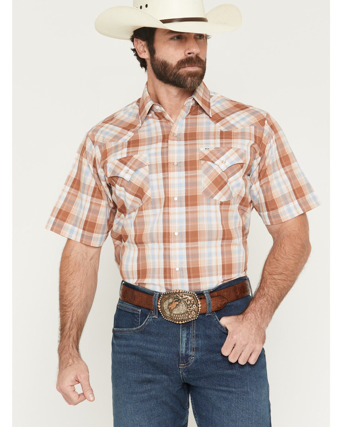 Ely Walker Men's Plaid Print Short Sleeve Pearl Snap Western Shirt, Gold, hi-res