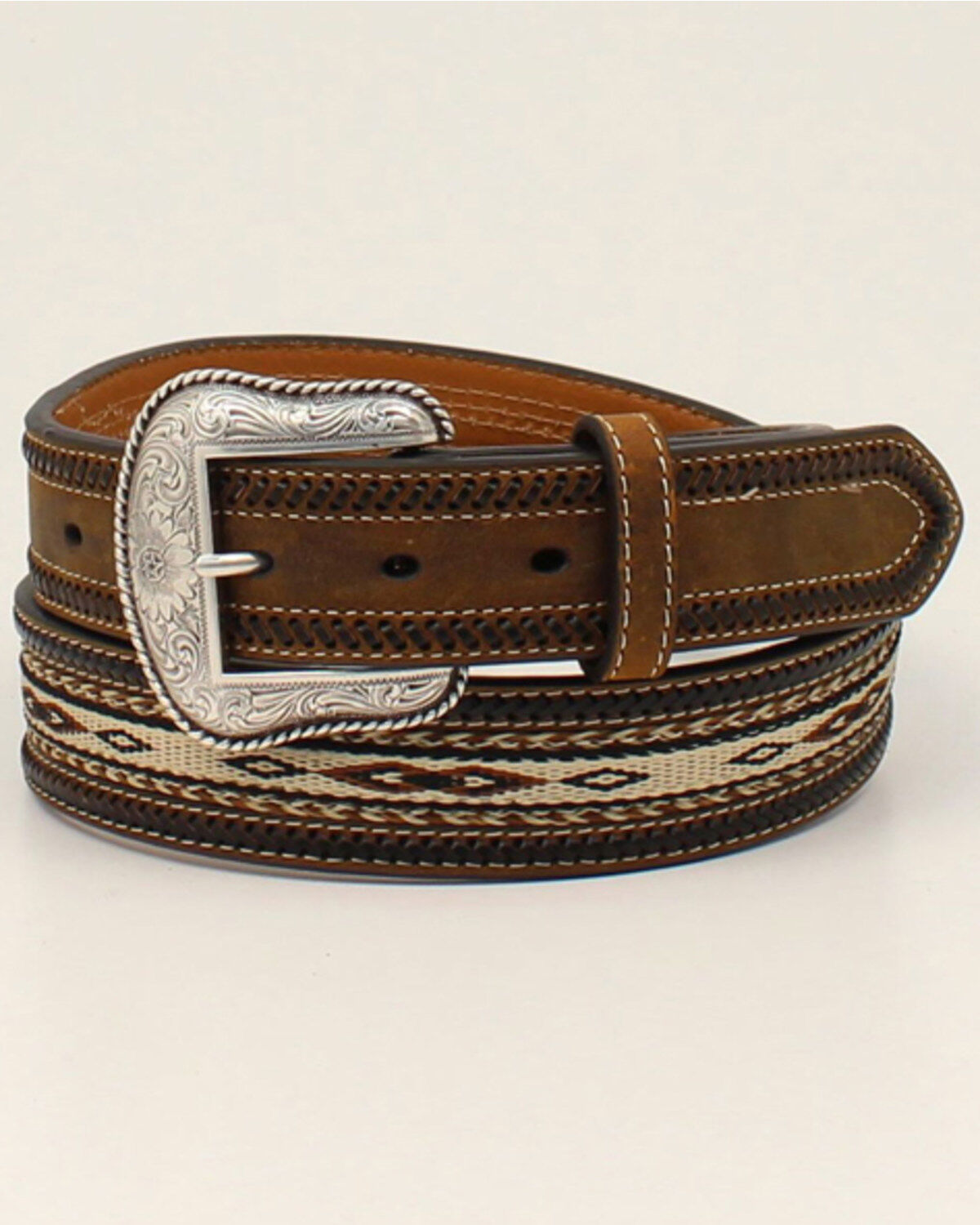 Image #1 - Cody James Men's Ribbon Inlay Horse Hair Lacing Western Belt, Medium Brown, hi-res