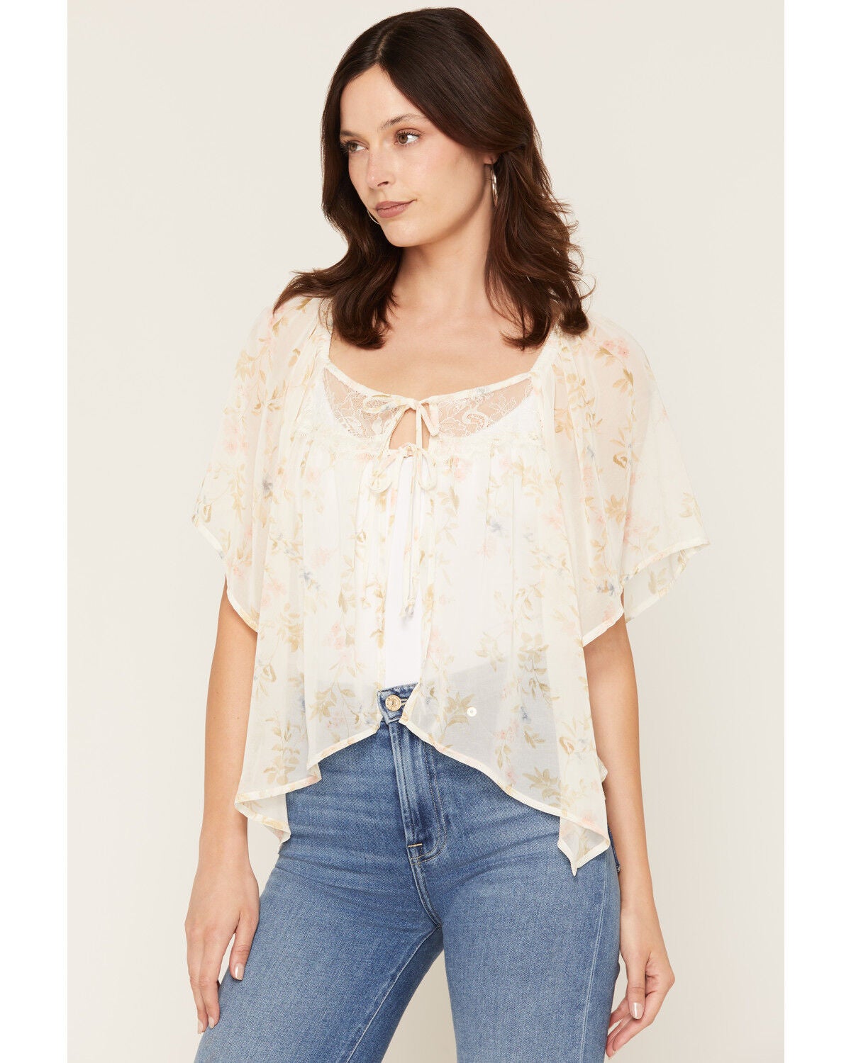 Image #2 - Wild Moss Women's Floral Print Tie-Front Blouse, Ivory, hi-res