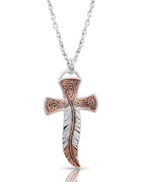 Montana Silversmiths Women's Wind Dancer Feather Cross Necklace, Silver, hi-res