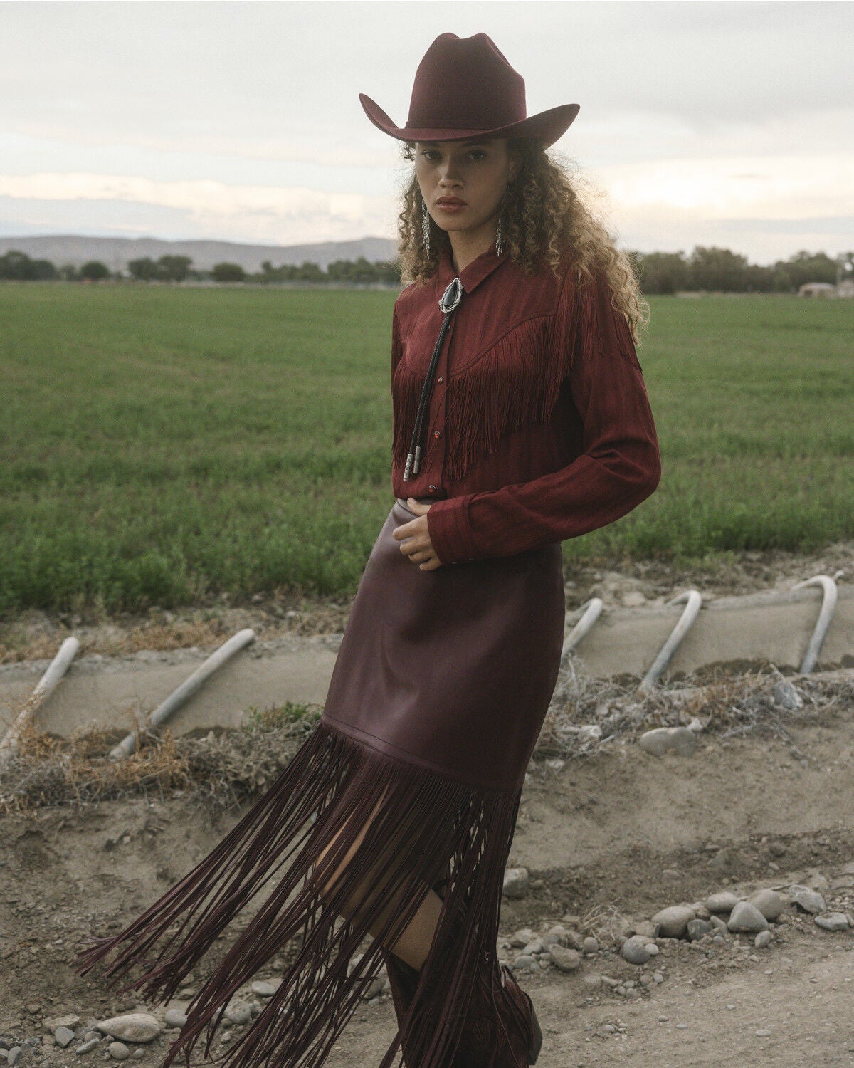 Idyllwind Women's Payson Faux Leather Fringe Maxi Skirt, Cherry, hi-res