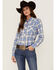 Roper Women's Classic Plaid Print Long Sleeve Pearl Snap Western Shirt, Blue, hi-res
