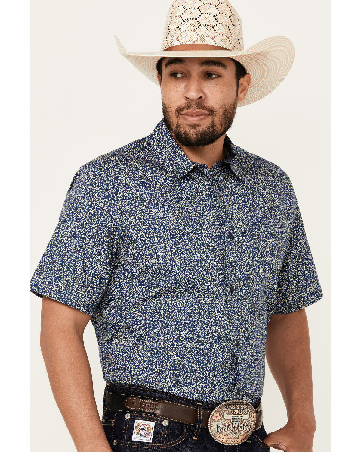 Image #2 - Cody James Men's Open Meadow Floral Print Short Sleeve Button-Down Stretch Western Shirt, Navy, hi-res