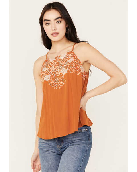 Eyeshadow Women's Floral Embroidered Tank Top, Rust Copper, hi-res