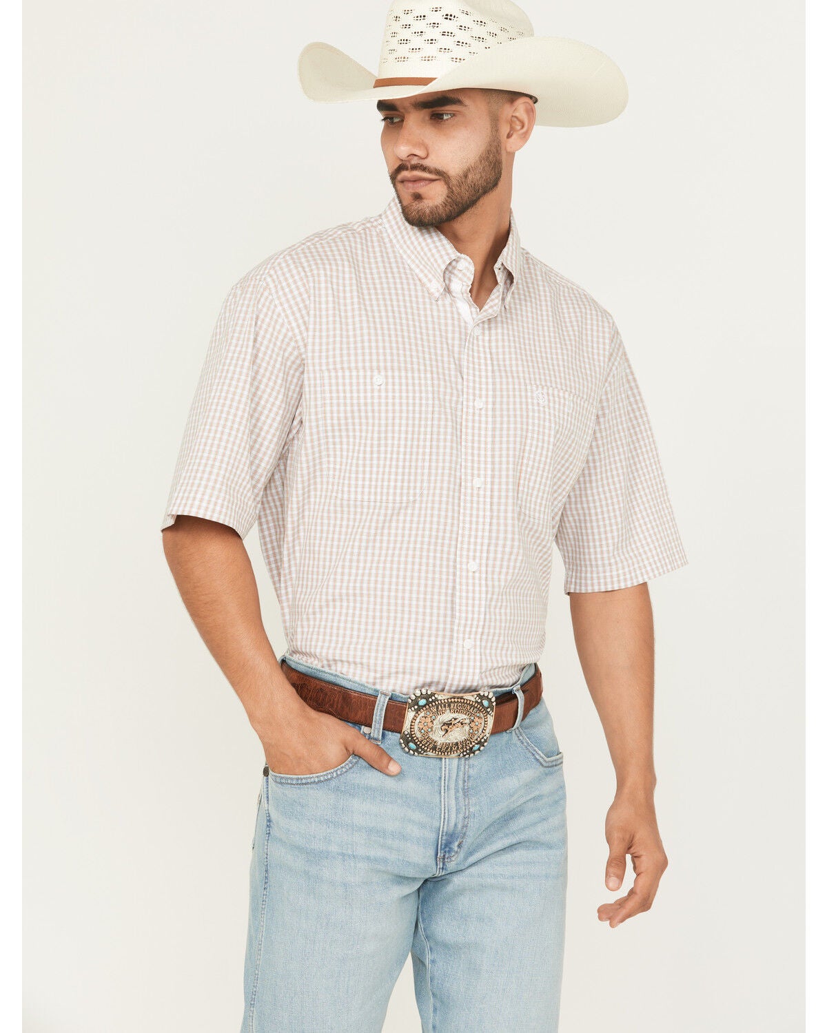 George Strait by Wrangler Men's Plaid Print Short Sleeve Button-Down Stretch Western Shirt, Multi, hi-res