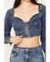 Shyanne Women's Medium Wash Denim Cropped Long Sleeve Corset Top, Dark Medium Wash, hi-res