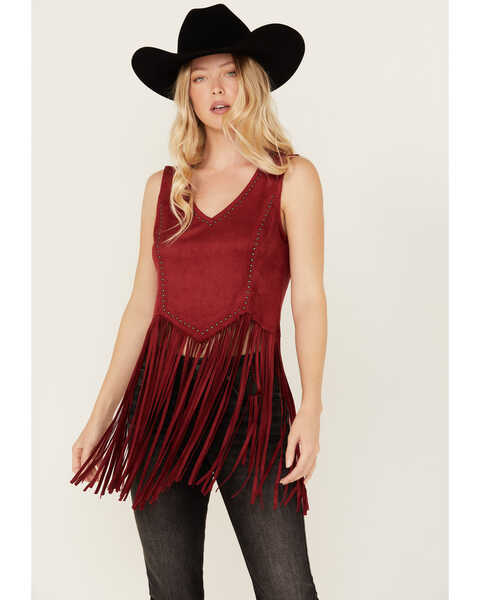 Idyllwind Women's Monticello Fringe Faux Suede Studded Tank , Dark Red, hi-res