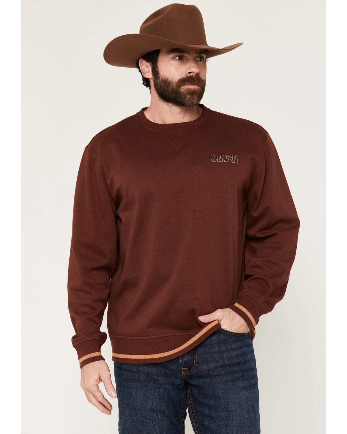 Image #1 - Cinch Men's Solid Logo Crewneck Sweatshirt, Burgundy, hi-res