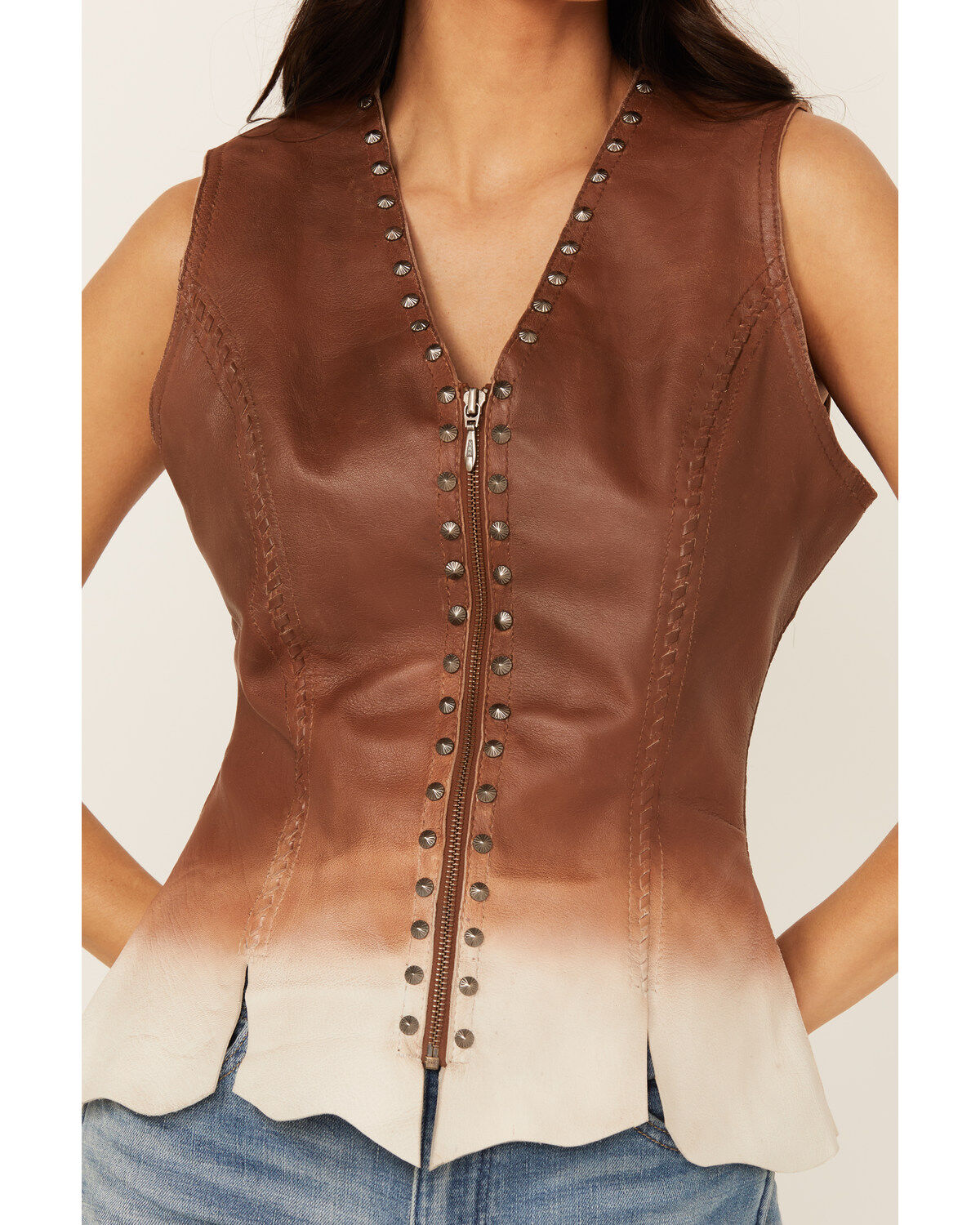 Image #3 - Cripple Creek Women's Ombre Zip Front Studded Leather Vest, Brown, hi-res