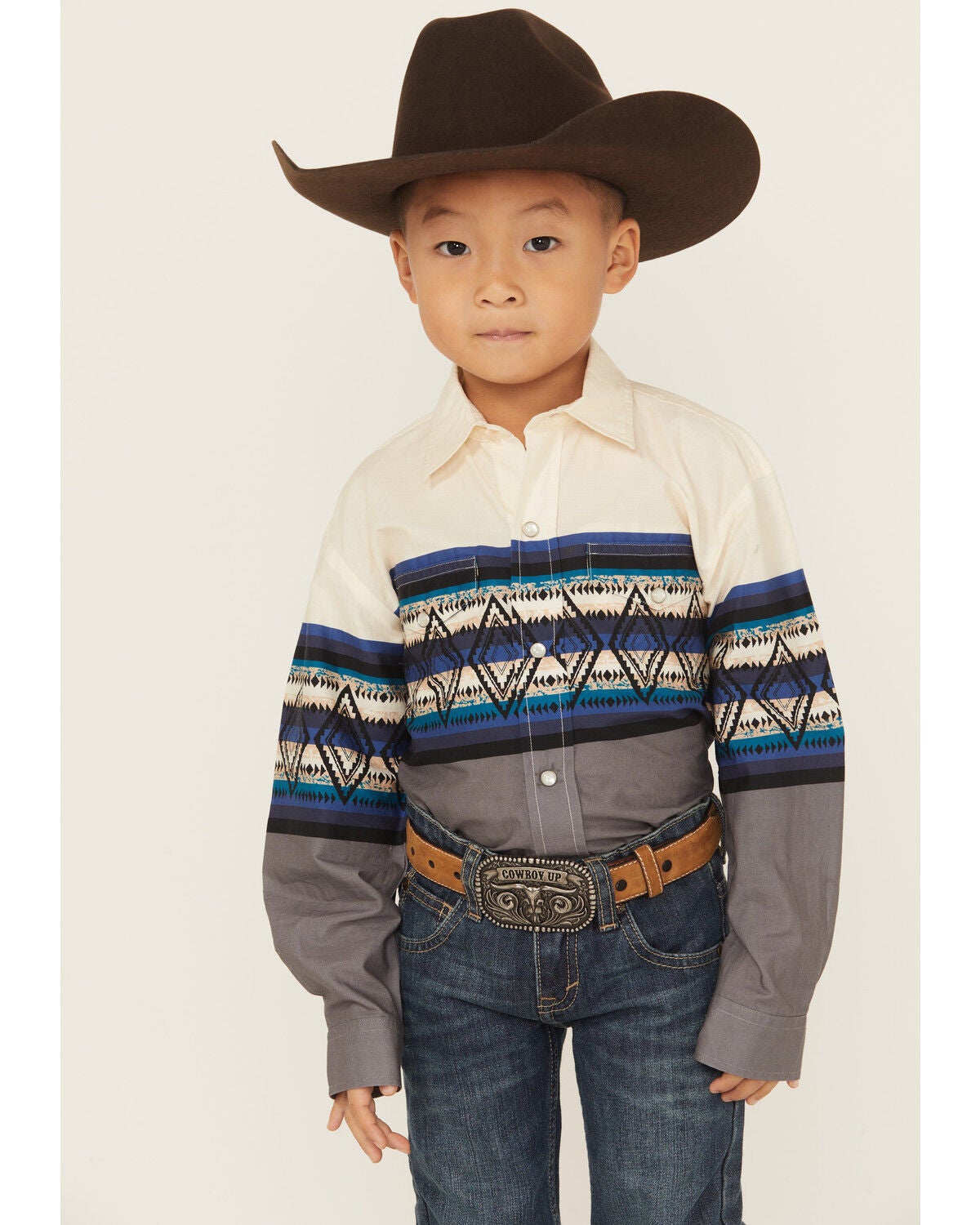 Roper Boys' Southwestern Striped Border Print Long Sleeve Pearl Snap Western Shirt, Blue, hi-res