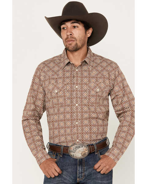 Gibson Men's Kaleidoscope Medallion Print Long Sleeve Pearl Snap Western Shirt, Fired Brick, hi-res