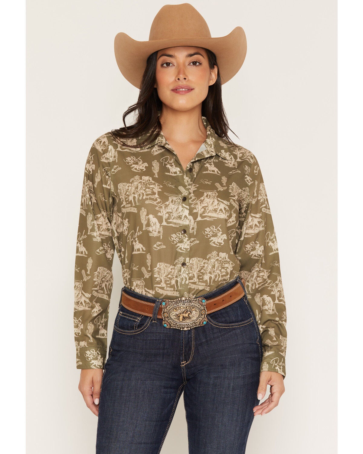 Ariat Women's Homestyle Rodeo Conversational Print Long Sleeve Button-Down Western Shirt, Moss Green, hi-res