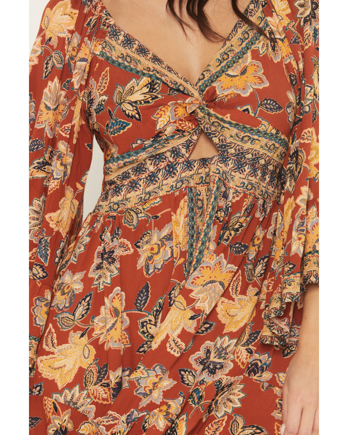 Image #3 - Angie Women's Floral Knot Front Long Sleeve Midi Dress, Rust Copper, hi-res