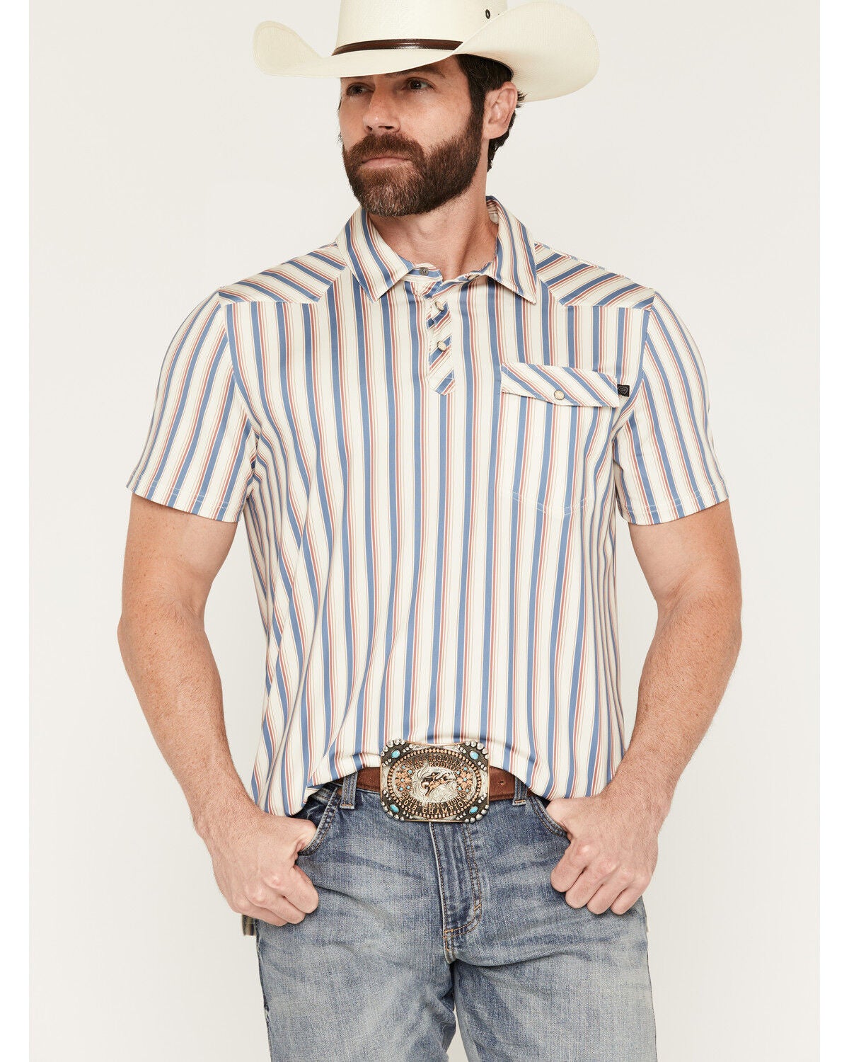 Rock & Roll Denim Men's Striped Short Sleeve Snap Western Polo, Natural, hi-res