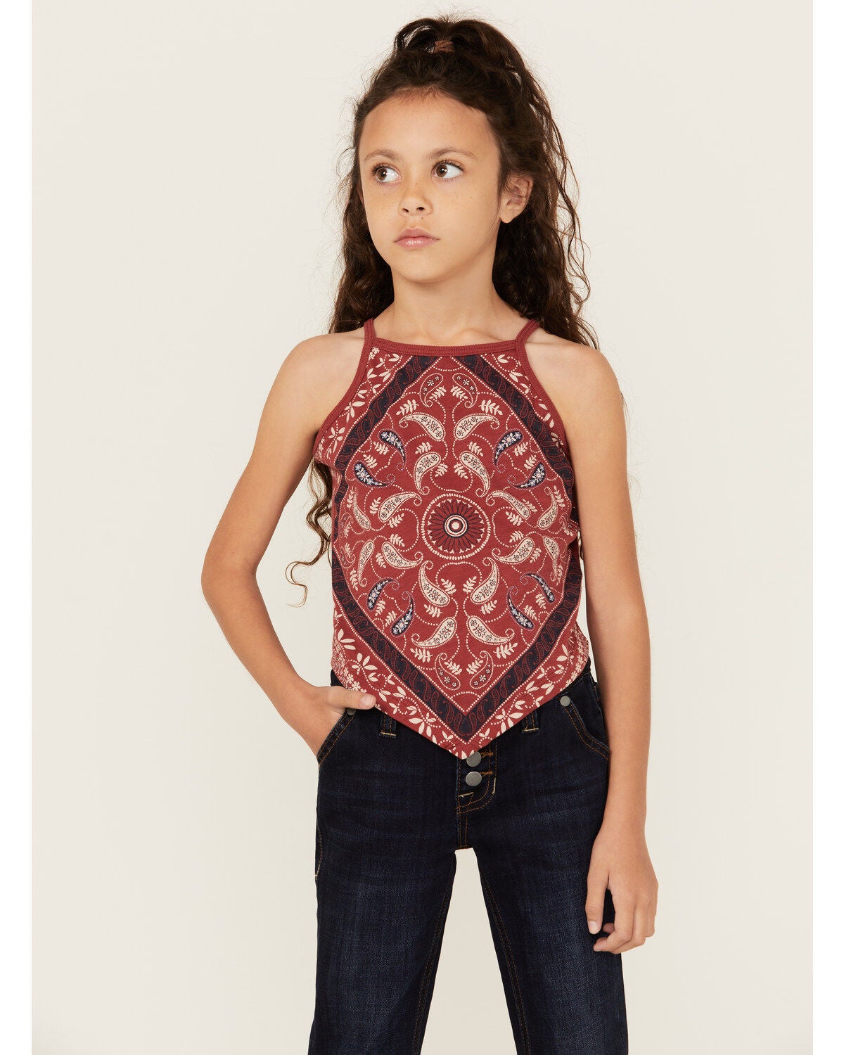 Image #1 - Shyanne Girls' Bandana Print Halter Tank, Brick Red, hi-res