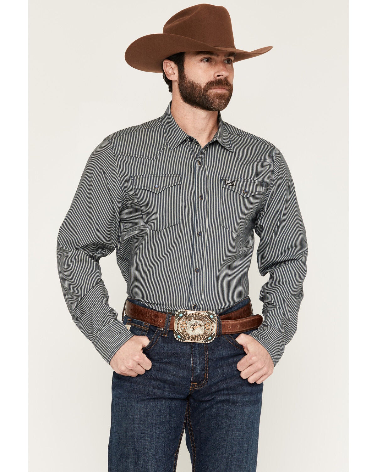 Kimes Ranch Men's Quentin COOLMAX&reg; Striped Print Long Sleeve Snap Stretch Western Shirt, Navy, hi-res