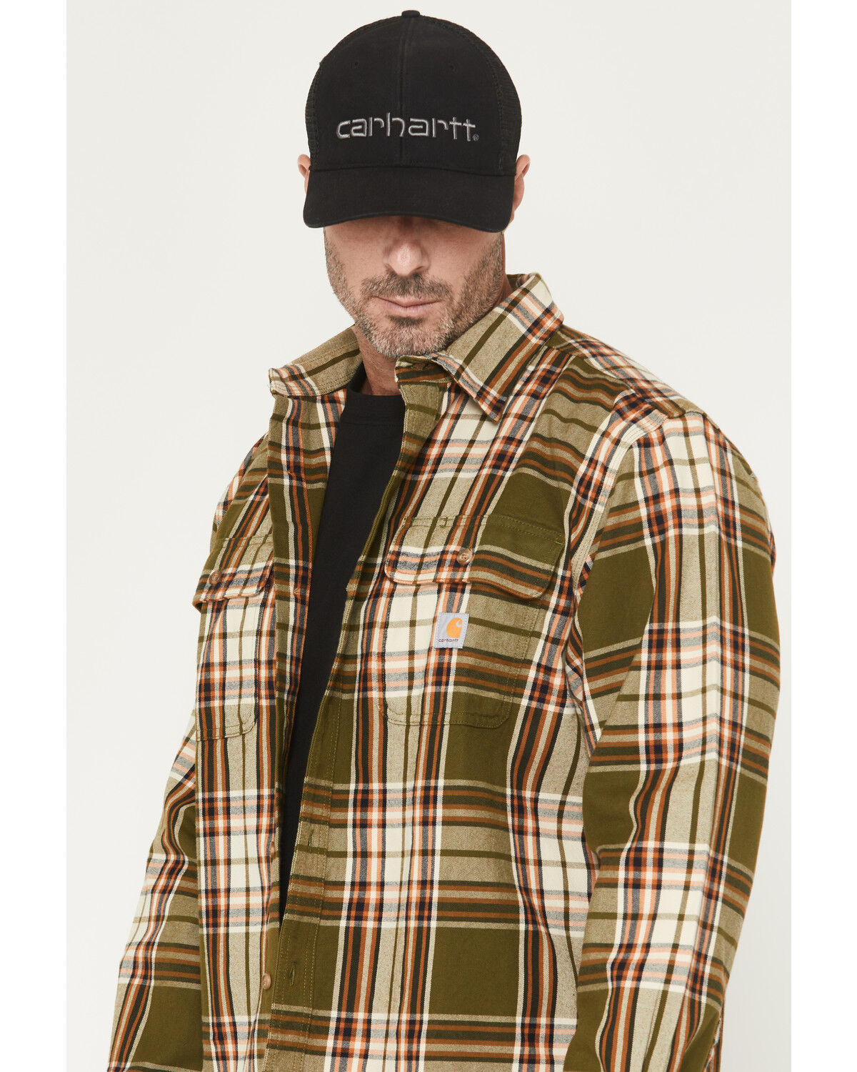 Image #2 - Carhartt Men's Heavyweight Plaid Print Long Sleeve Button-Down Flannel Shirt, Green/brown, hi-res