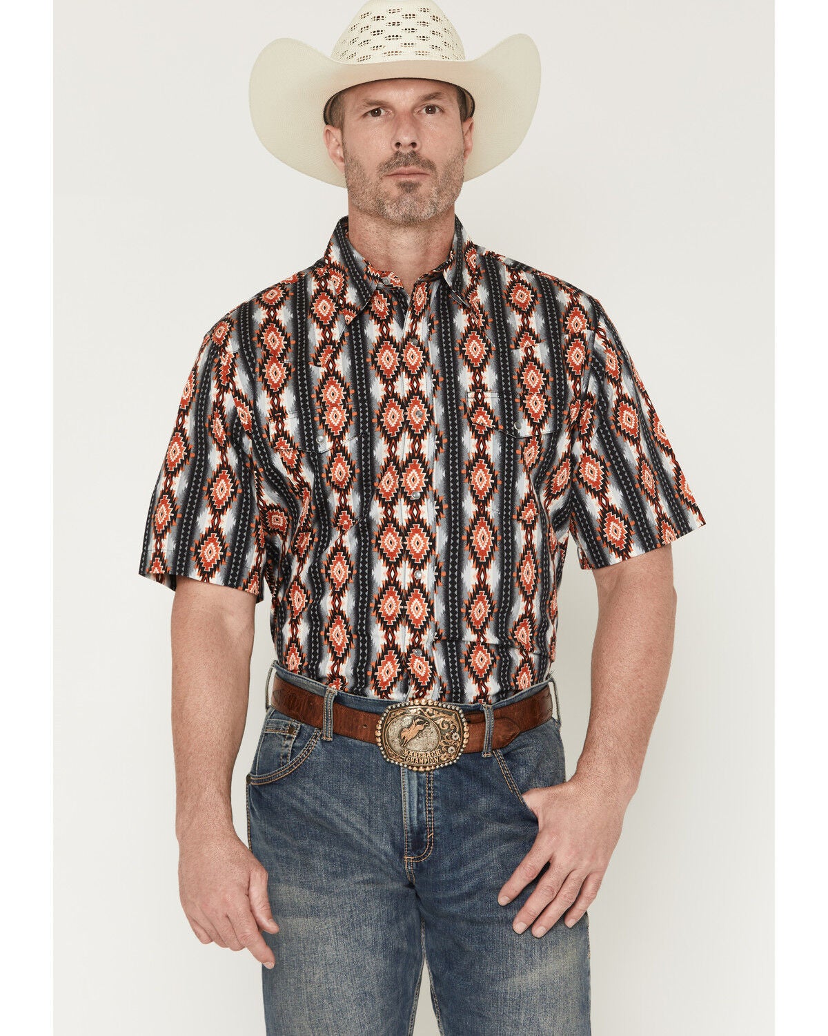 Image #1 - Wrangler Men's Checotah Southwestern Striped Short Sleeve Pearl Snap Western Shirt, Black, hi-res