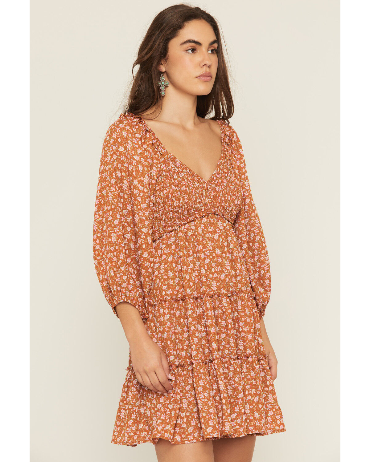 Yura Women's Floral Print Long Sleeve Smocked Mini Dress