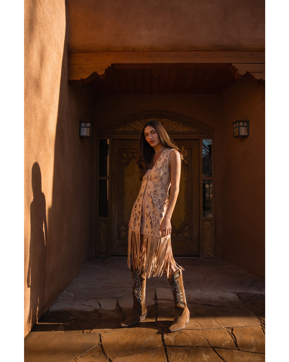 Shyanne Women's Drury Faux Suede Laser Cut Vest, Khaki, hi-res