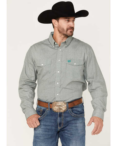 Panhandle Select Men's Geo Print Long Sleeve Button Down Shirt, Green, hi-res