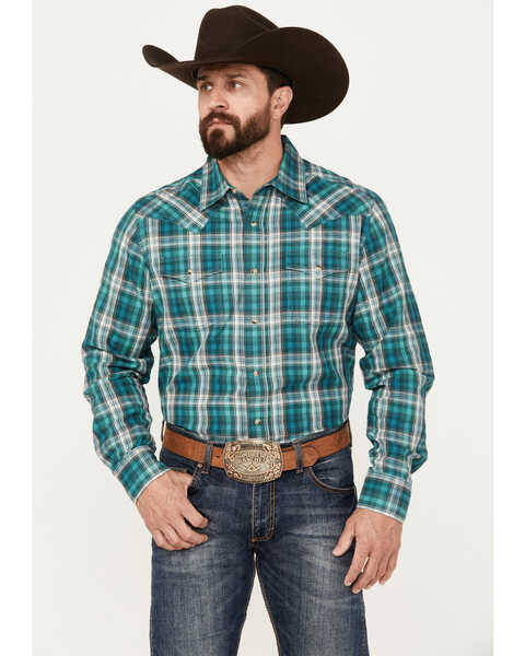 Wrangler Retro Men's Premium Plaid Print Long Sleeve Snap Western Shirt, Teal, hi-res