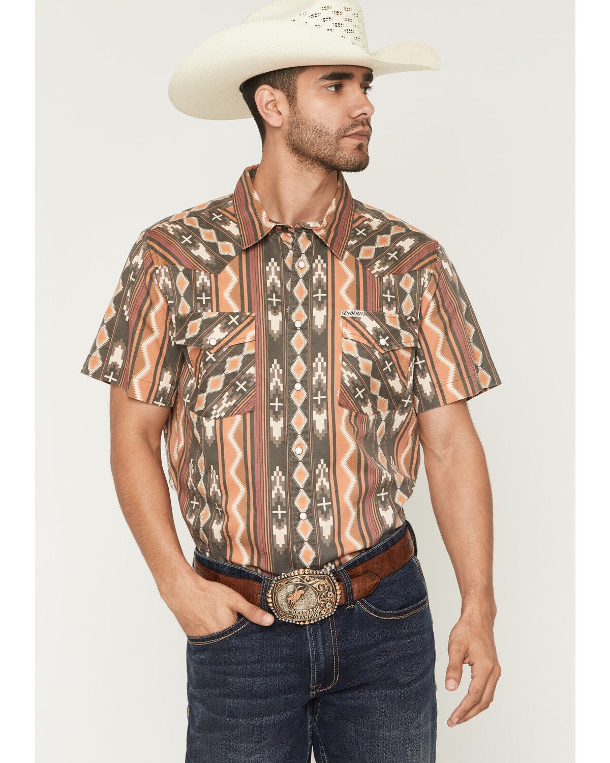 Sendero Men's The Wyatt Southwestern Print Short Sleeve Snap Western Shirt, Brown, hi-res