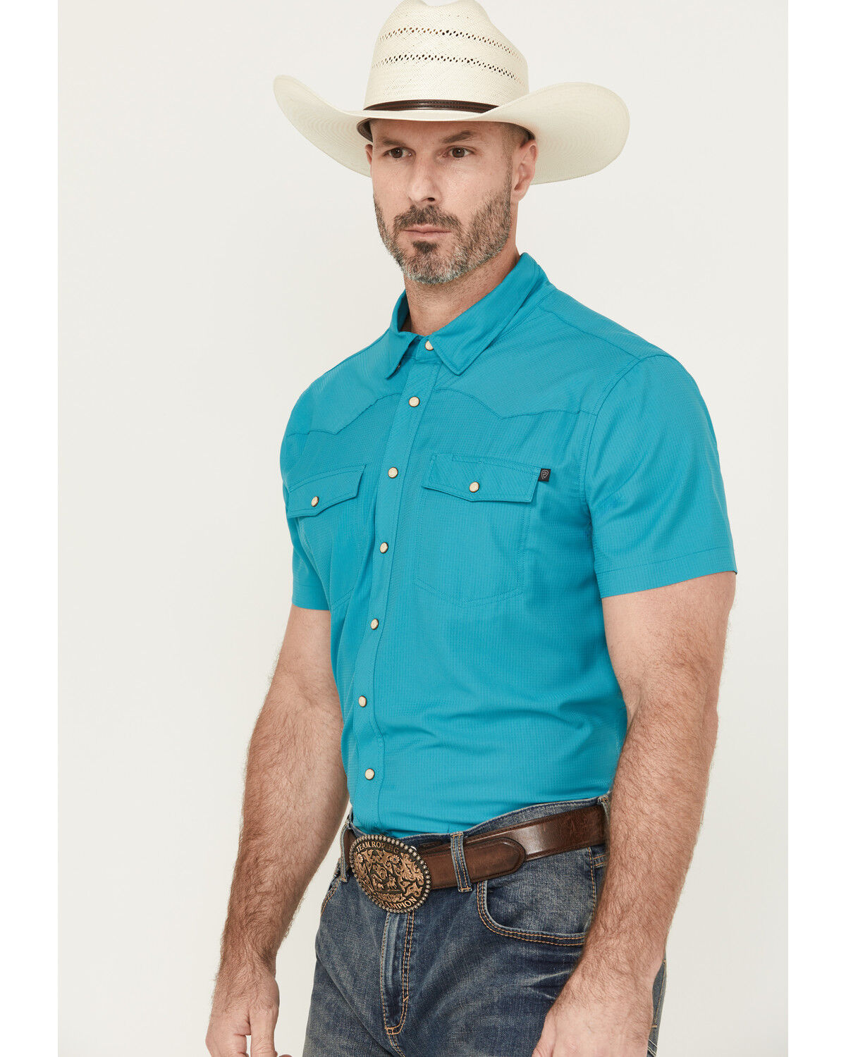 Image #2 - Rock & Roll Denim Men's Tek Solid Short Sleeve Snap Western Shirt, Turquoise, hi-res