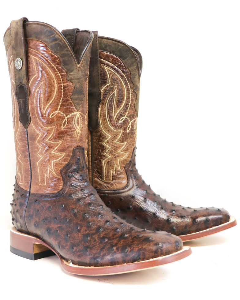 Tanner Mark Men's Brown Ostrich Print Western Boots - Wide Square Toe