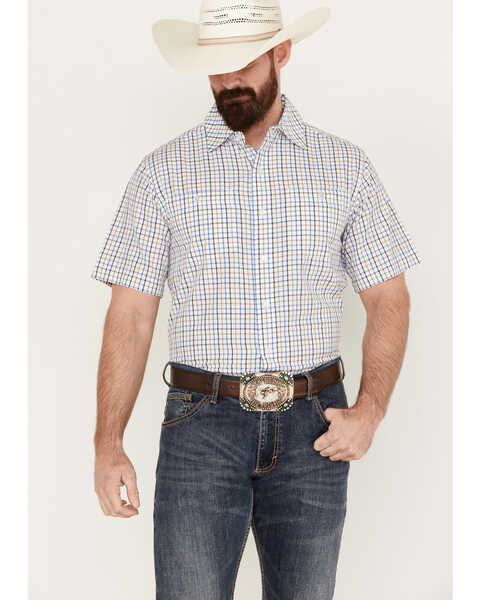 Resistol Men's Ennis Checkered Print Short Sleeve Button Down Western Shirt, Blue, hi-res