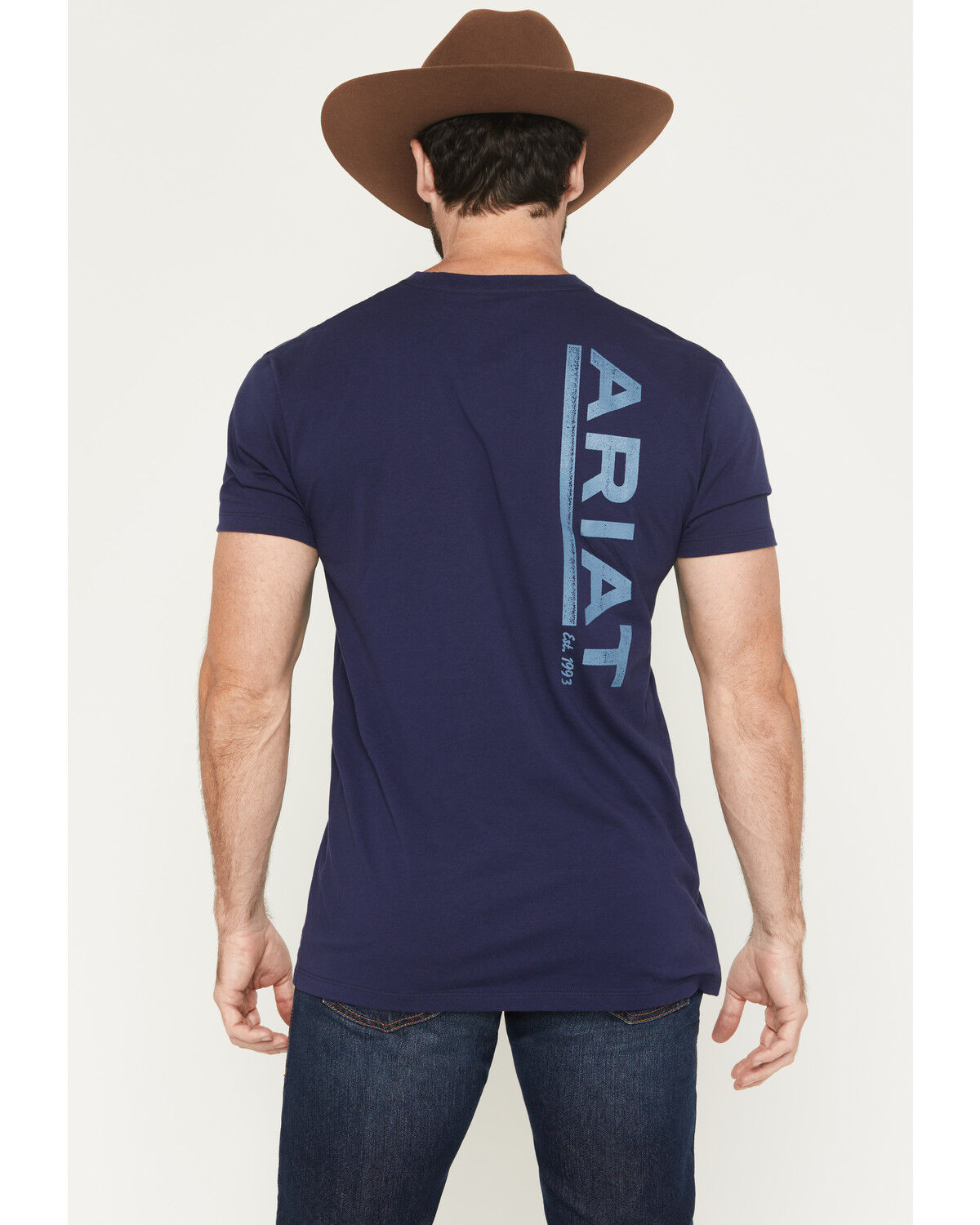 Image #4 - Ariat Men's Vertical Logo Short Sleeve Graphic T-Shirt, Blue, hi-res