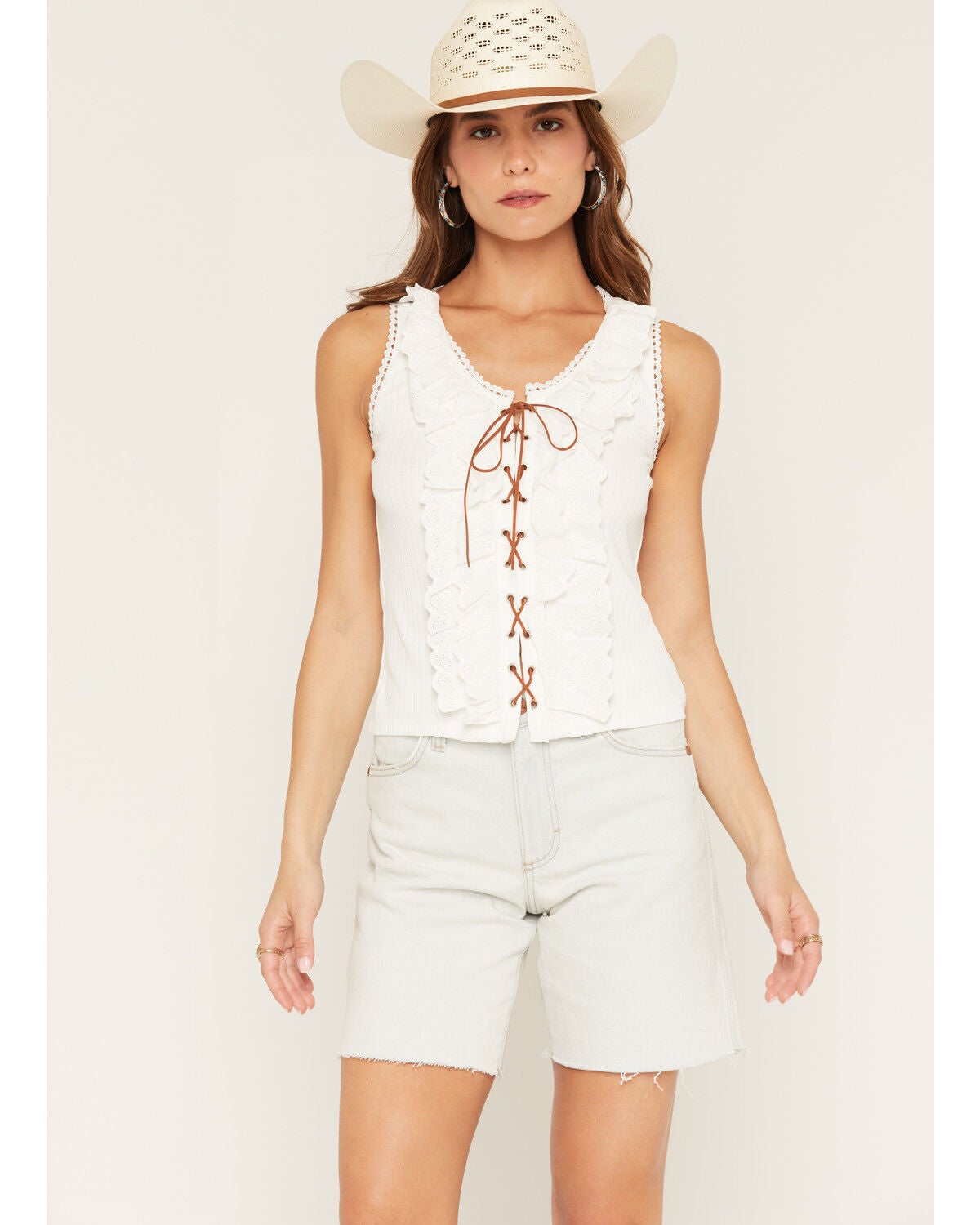 Miss Me Women's Lace-Up Ruffle Sleeveless Tank Top, White, hi-res