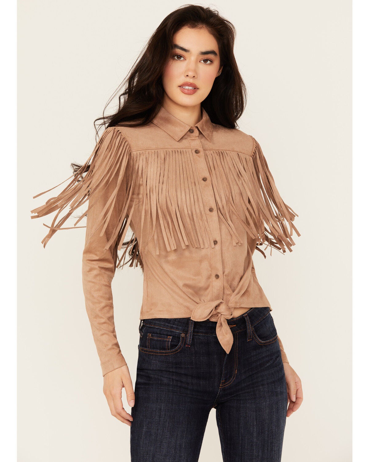 Idyllwind Women's Fate Faux Suede Fringe Long Sleeve Button-Down Tie-Front Shirt, Tan, hi-res